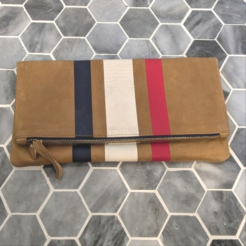 Clare V. The Foldover Clutch Camel Americana Stripe Leather Handbag